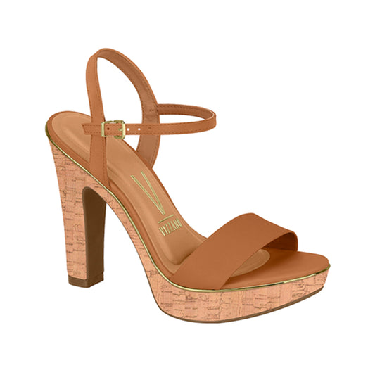 Vizzano tan leather sandal with cork platform and gold accents featuring an ankle strap and high heel

