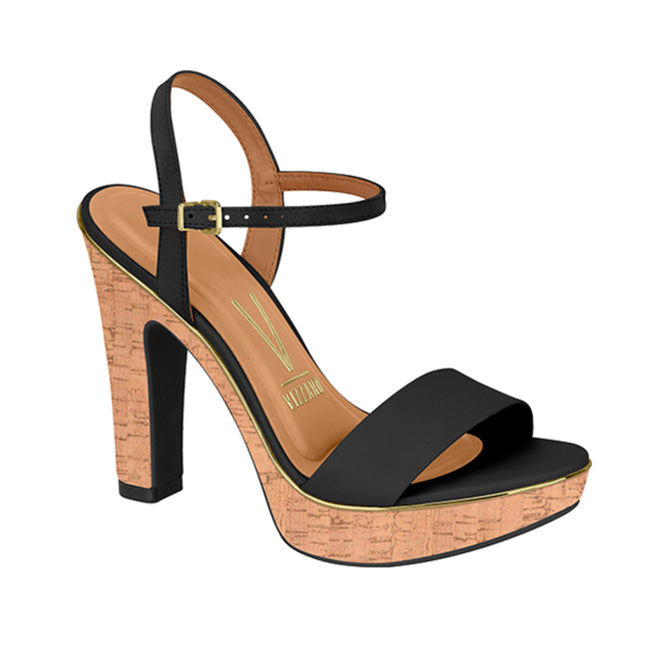 Vizzano black platform sandal with cork wedge heel featuring a gold trim and adjustable ankle strap
