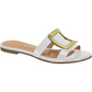 Product shot of a white patent leather sandal with a gold buckle featuring a beige insole and a flat sole

