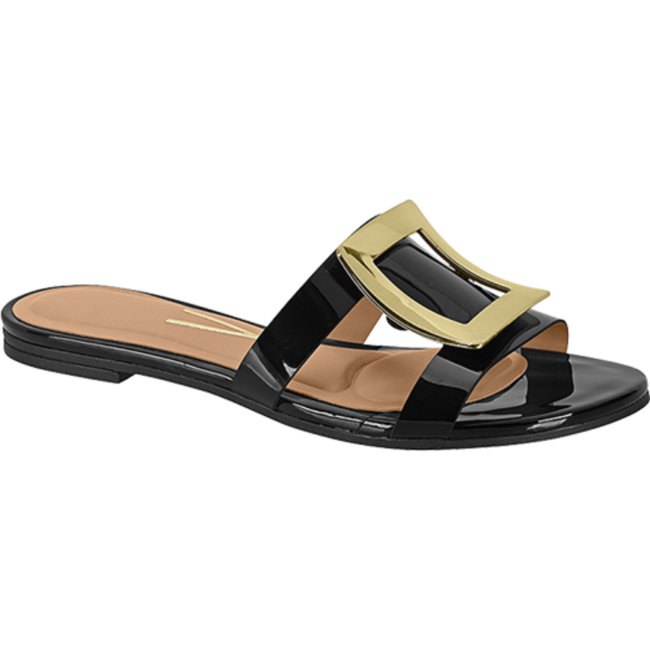 Product shot of a black patent leather slide sandal with a large gold buckle featuring a cushioned footbed and sleek minimalist design
