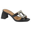 Product shot of a black Vizzano women's heeled slide sandal featuring a sparkly square buckle and a  block heel with a squared toe
