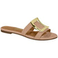 Product shot of a blush-pink women's slide sandal featuring a large gold buckle a subtle tan insole and a sleek minimalist design
