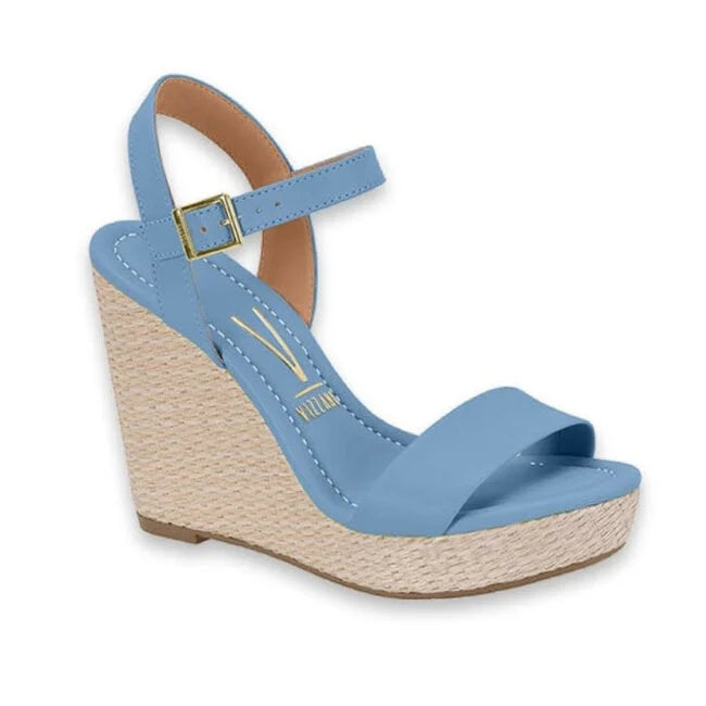 Vizzano womens light blue wedge sandal featuring a gold buckle and espadrille platform sole
