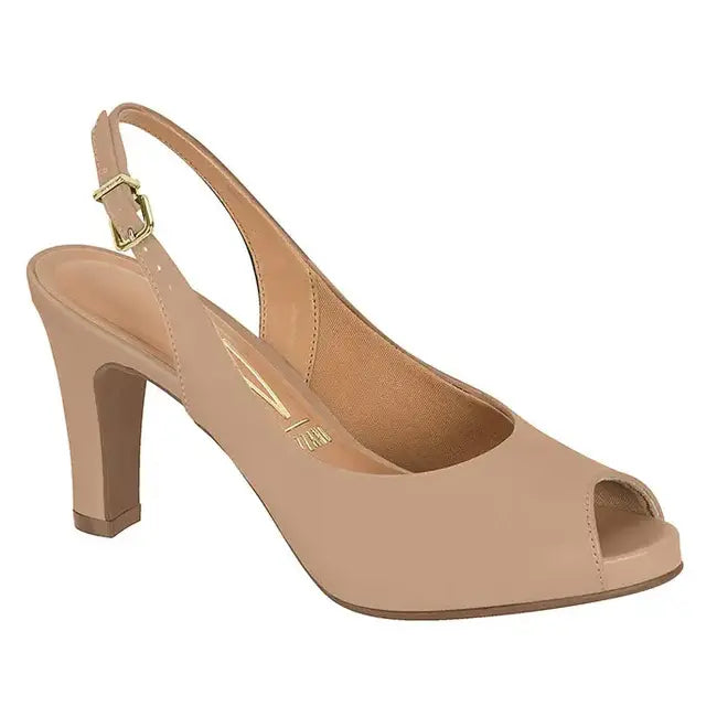 Product shot of a beige leather Vizzano slingback peep-toe pump featuring a gold buckle and a chunky heel
