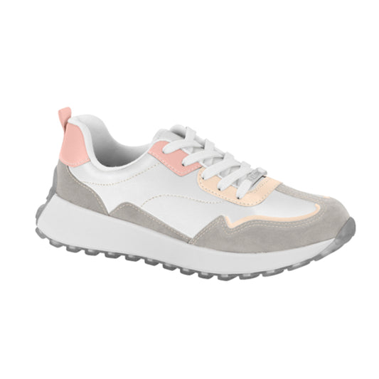Product shot of a white grey and blush pink low top sneaker with a chunky sole and contrasting suede and leather panels

