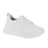 Product shot of a white leather sneaker with chunky platform sole featuring a unique stitching detail and contrast laces against a plain white background
