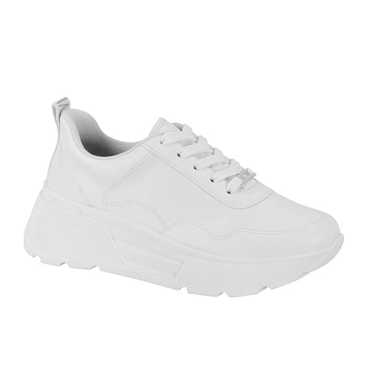 Product shot of a white leather sneaker with chunky platform sole featuring a unique stitching detail and contrast laces against a plain white background
